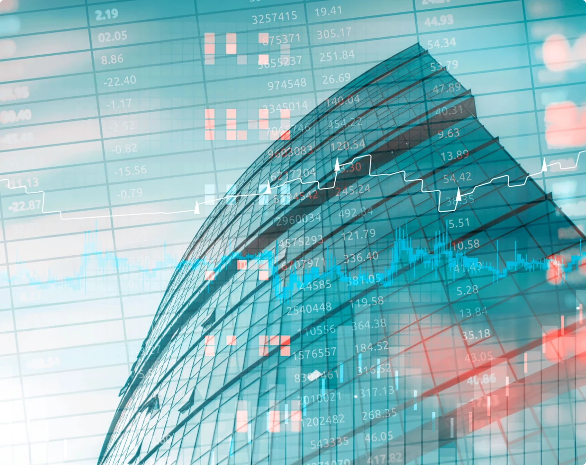 Glass skyscraper and financial data visualization