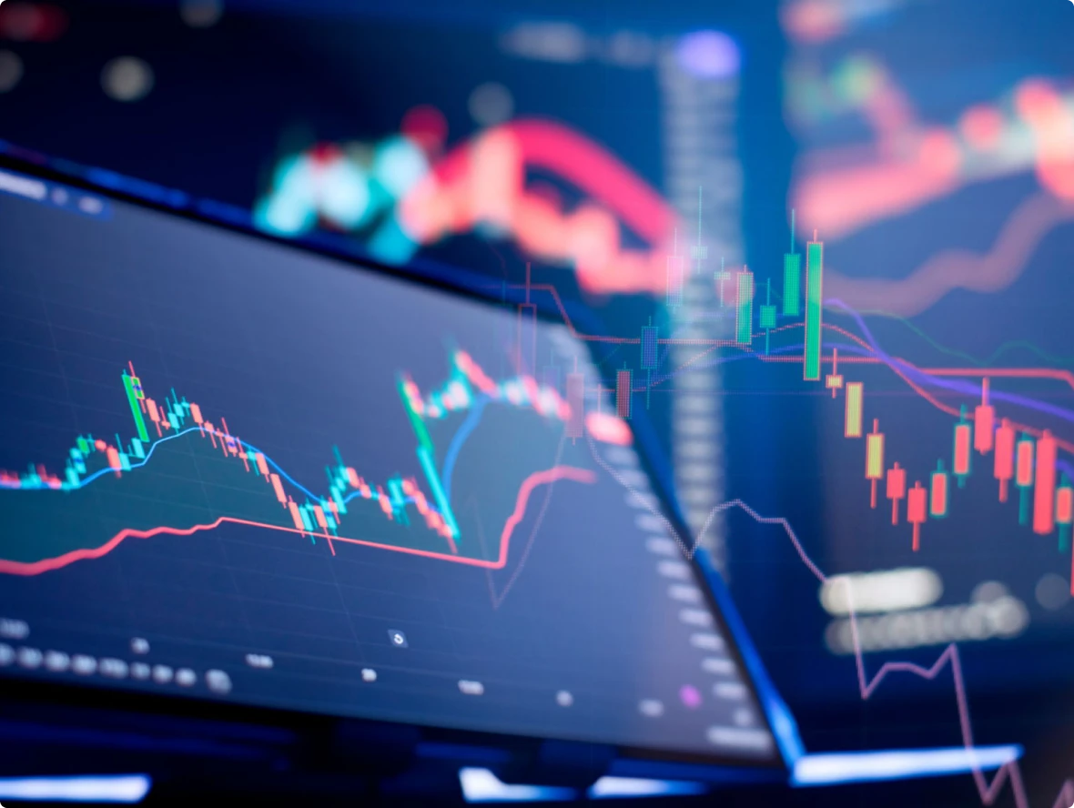 Stock market charts with colorful graphs